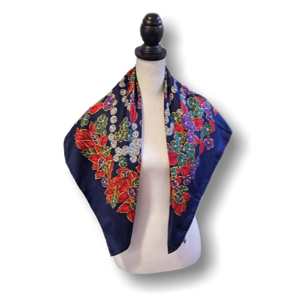 Chanel (Authentic) Multicolor Jewel Floral Print Large Silk Scarf w/ Tag VGUC - Picture 7 of 8